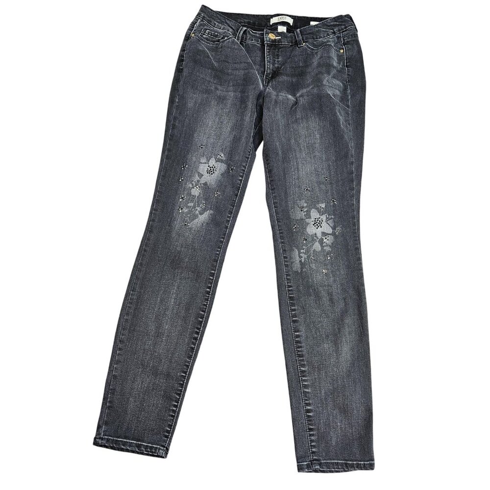 Vintage America Blues Boho Skinny Jeans Womens 8/29 Charcoal Rhinestone Floral